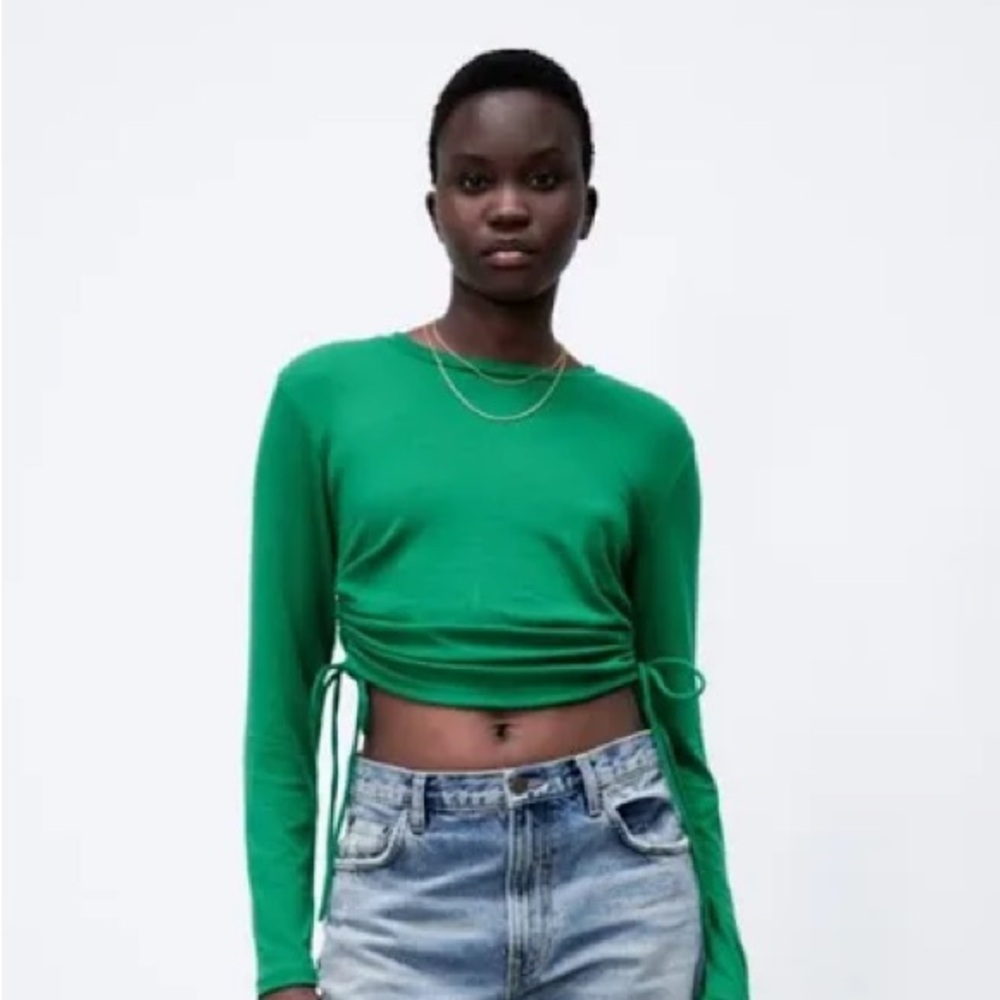 Green Zara Ribbed Tie Side Long Sleeve